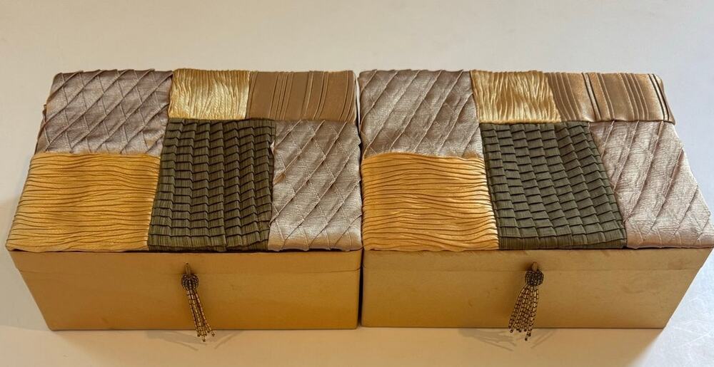 Set of 2 Vtg 00s Patchwork Fabric Boxes Gold/Brown/Green 9.5x7.5x3.5"